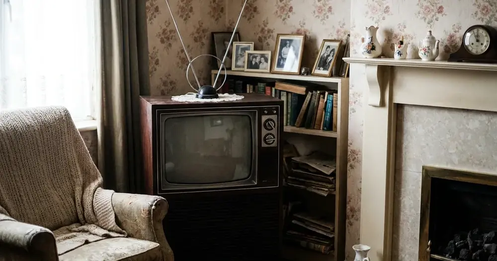 televisão retrô de madeira em sala de estar antiga